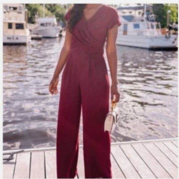Gal Meets Glam Pants - NWT Gal Meets Glam Women's 4 Maroon Delaney Crossover Wrap Jumpsuit Pantsuit